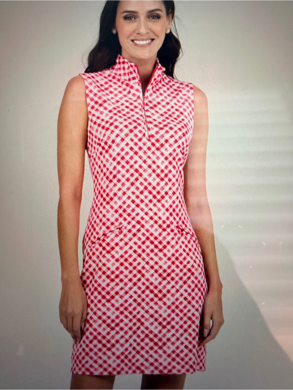 IBKUL Red Gingham Print Sleeveless Mock-Collar Dress